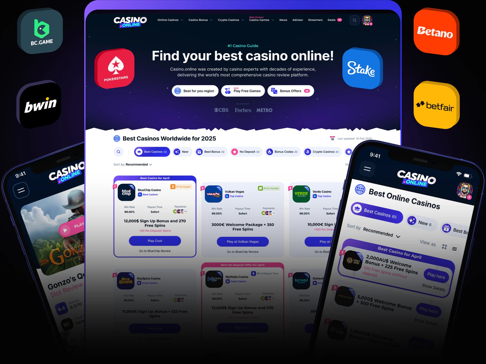 Casino.online platform overview showing the desktop casino comparison experience, mobile game and offer screens, and partner brands.