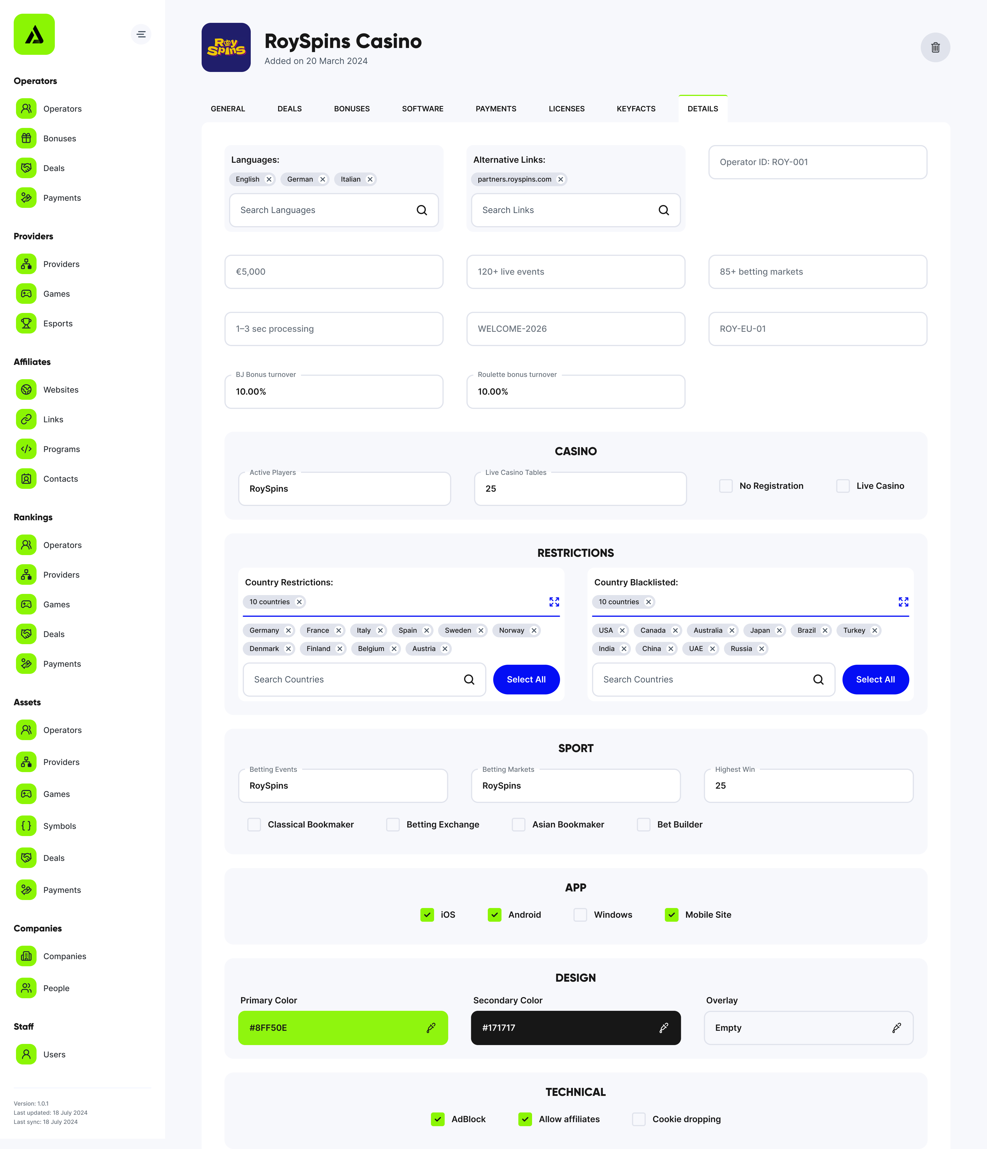 Long iDB operator details form grouped into casino, restrictions, sport, app, design, technical and customer support sections.