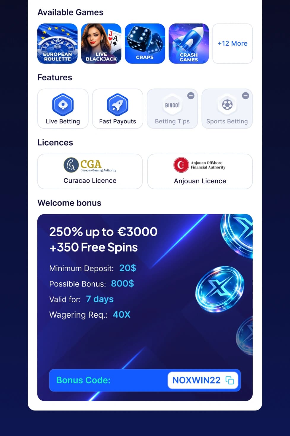 Noxwin betting review card component.