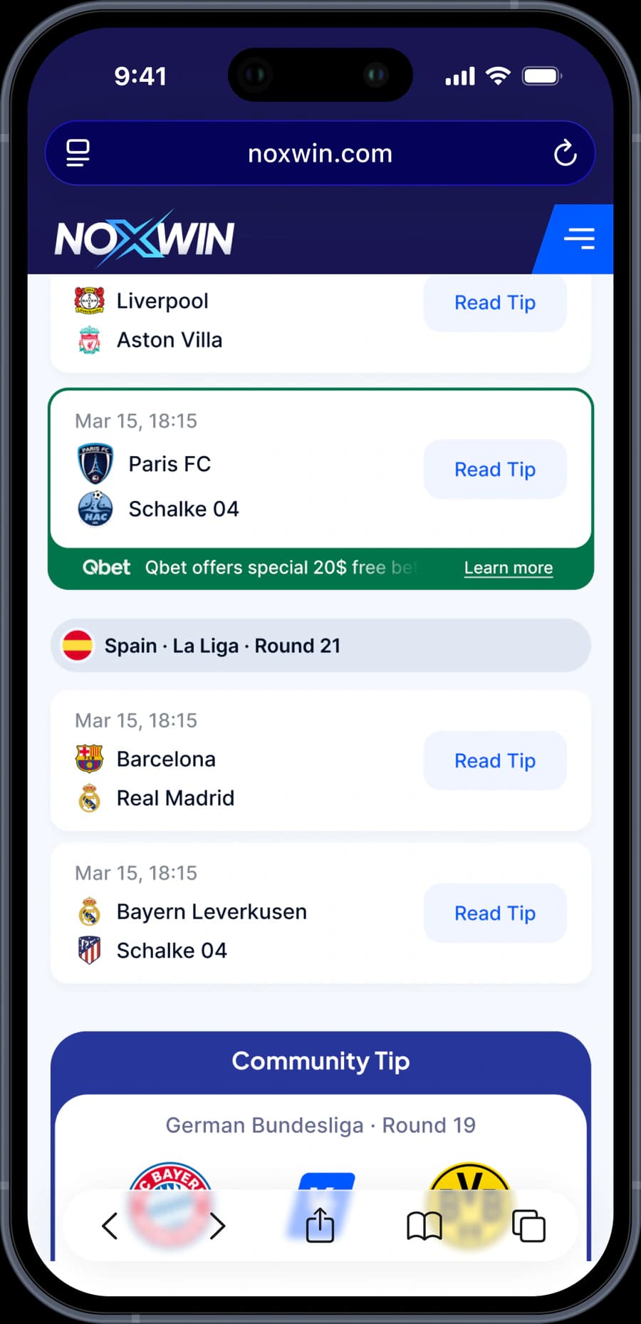 Noxwin mobile bookmaker comparison screen.