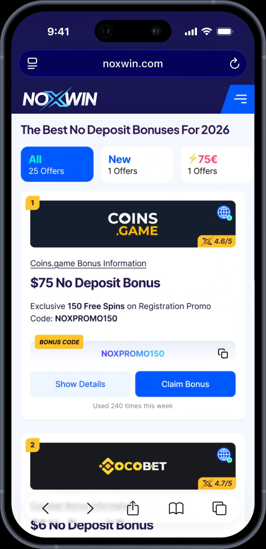 Noxwin mobile responsive product screen.