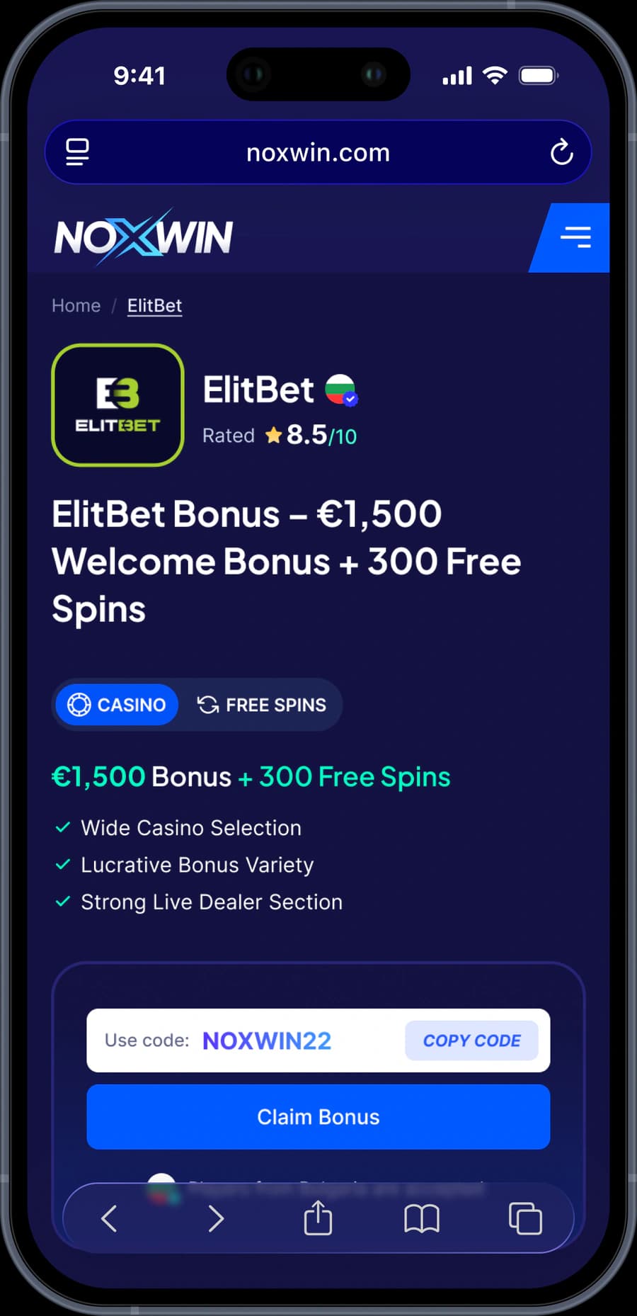 Noxwin mobile final offer flow screen.