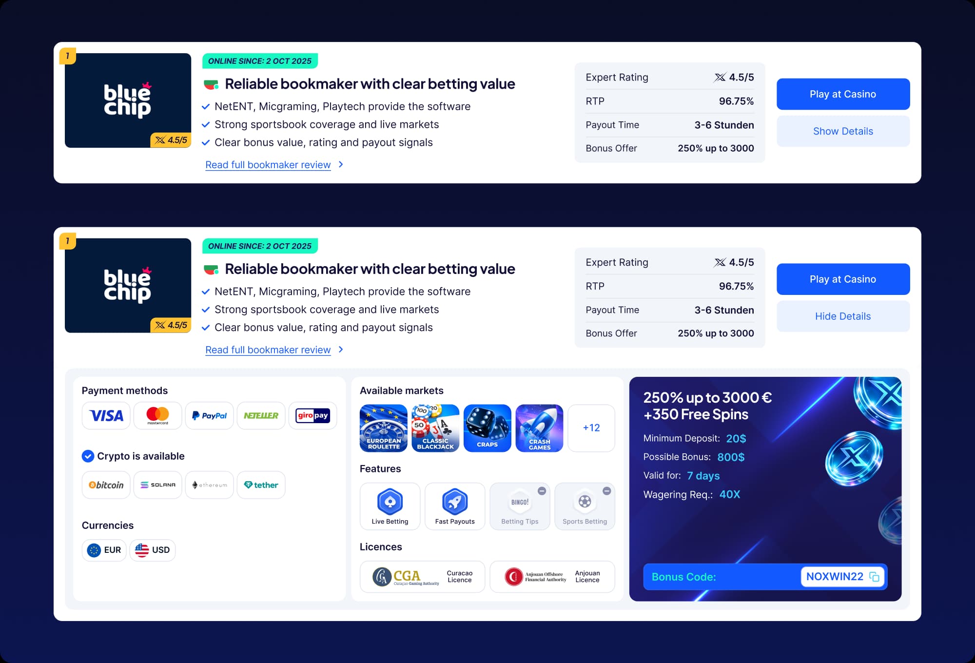 Bookmaker comparison card system from the Noxwin redesign.