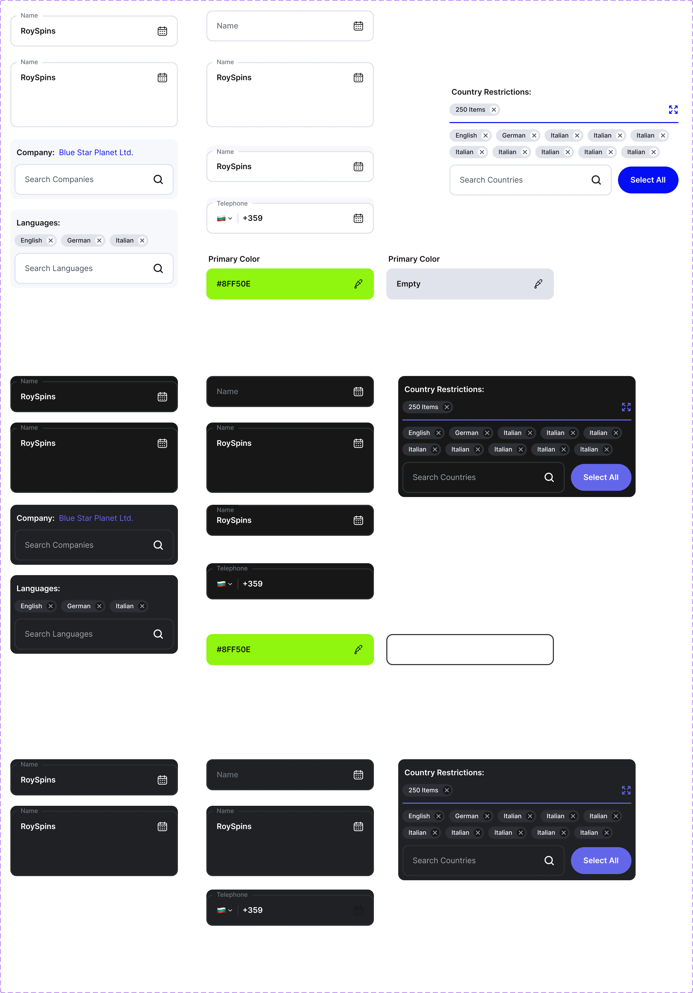 iDB input components for text, search, languages, country restrictions and colour selection across themes and states.