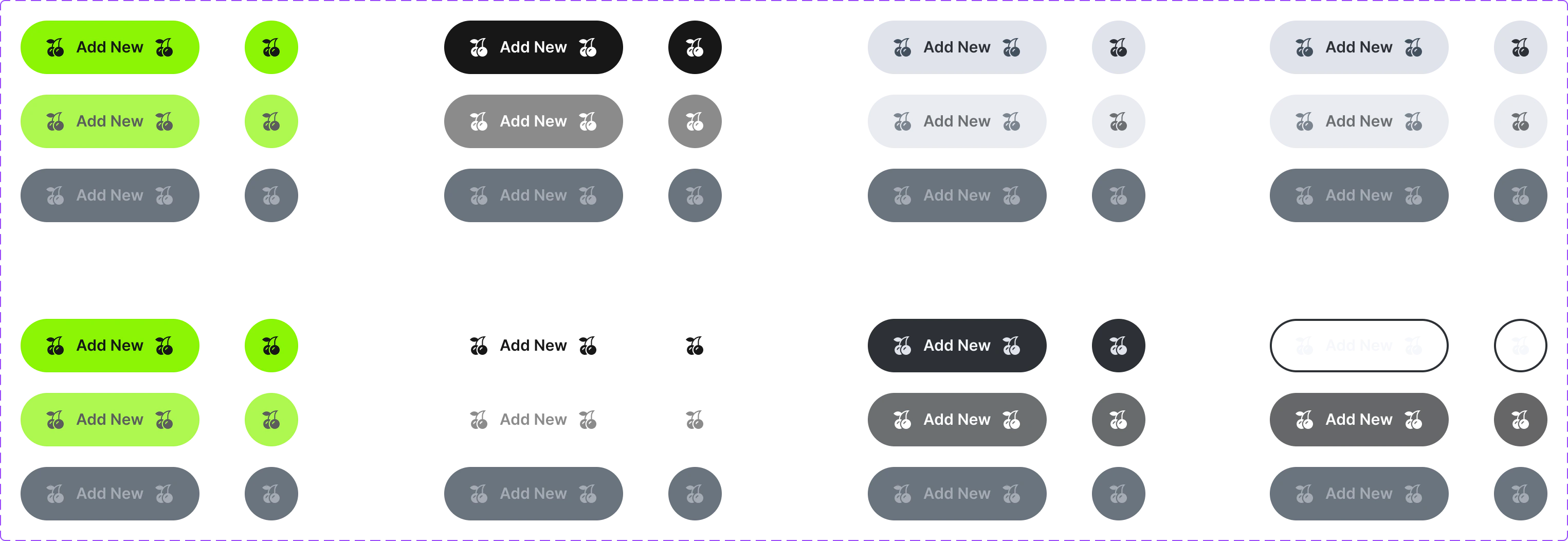 iDB button component set covering primary, secondary, ghost and outlined states in light and dark themes.