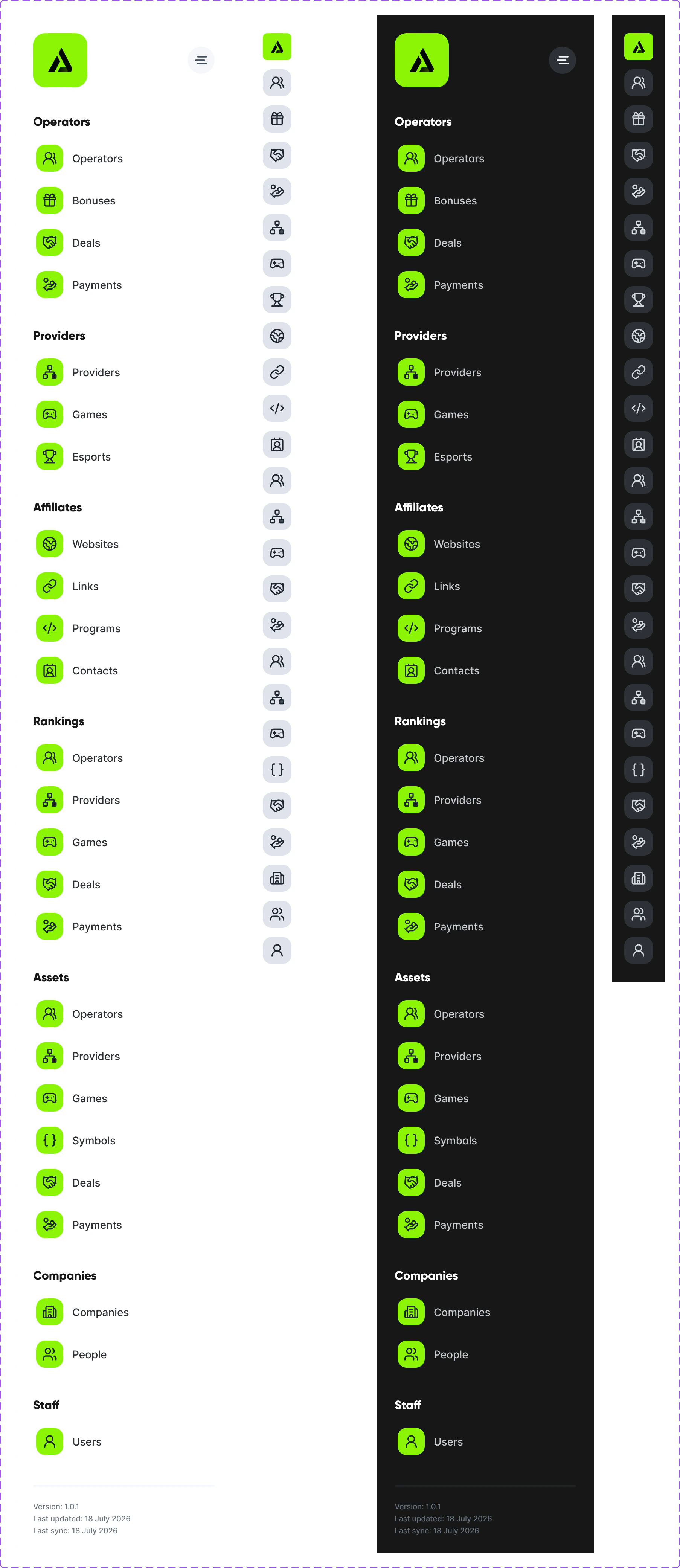 Expanded and collapsed iDB navigation components in light and dark themes.