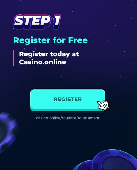 Tournament step 1 card explaining free registration for Casino.online roulette tournament.