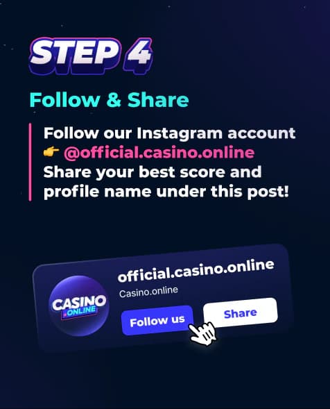 Tournament step 4 card explaining follow and share mechanics for Casino.online.