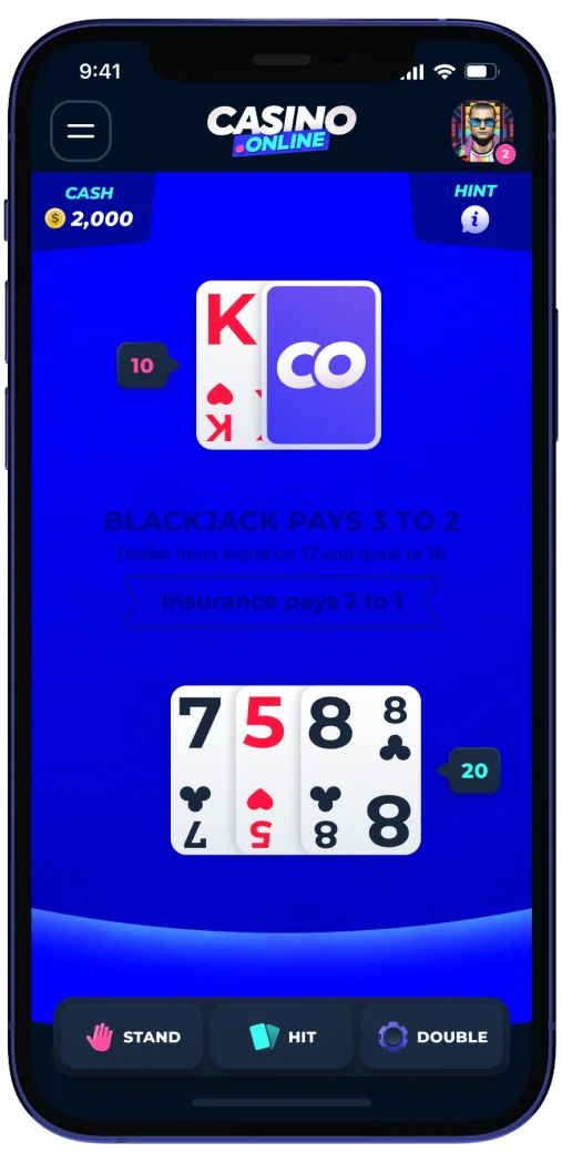 Casino.online mobile blackjack gameplay layout with branded controls.