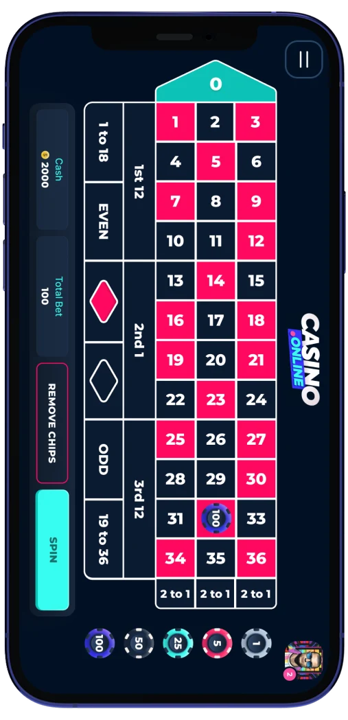 Casino.online mobile roulette landscape betting table screen.