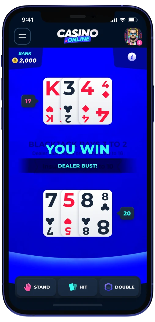 Casino.online mobile blackjack win state feedback screen.