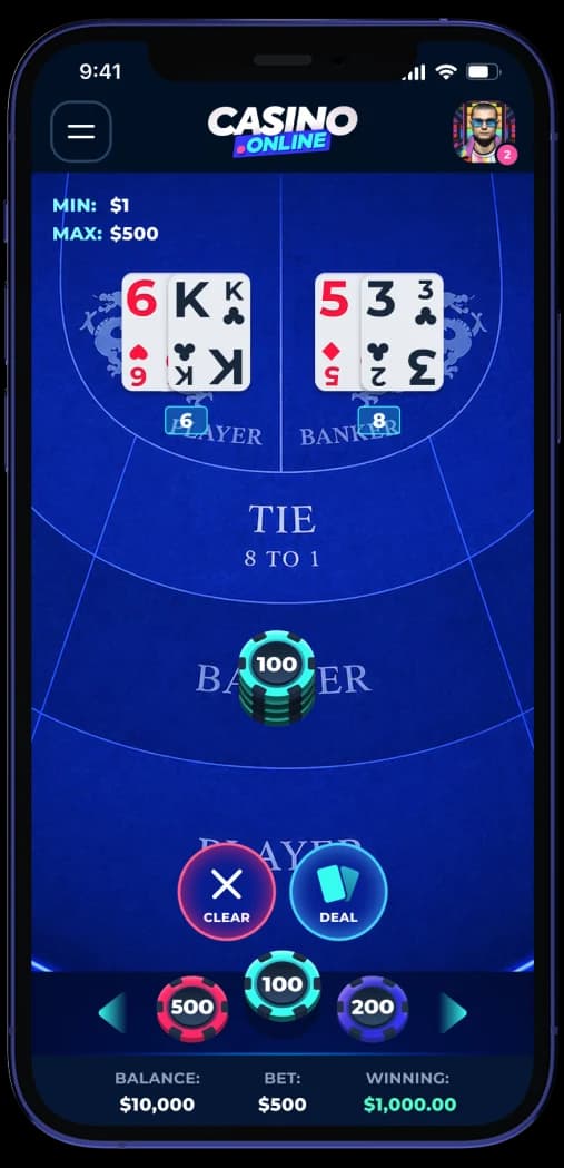 Casino.online mobile baccarat table game pattern screen.