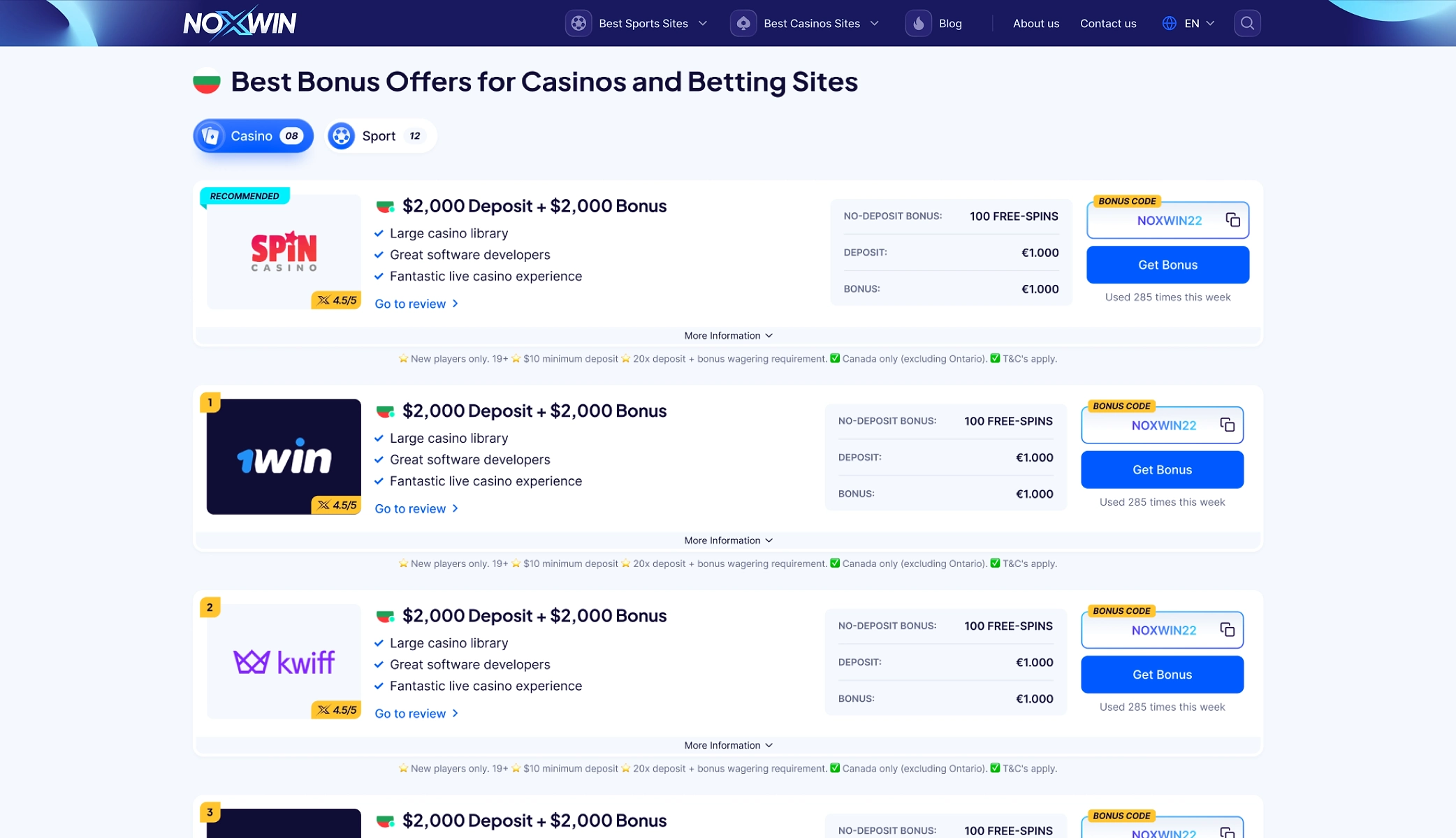 Noxwin old bonus comparison screenshot showing heavy comparison rows.