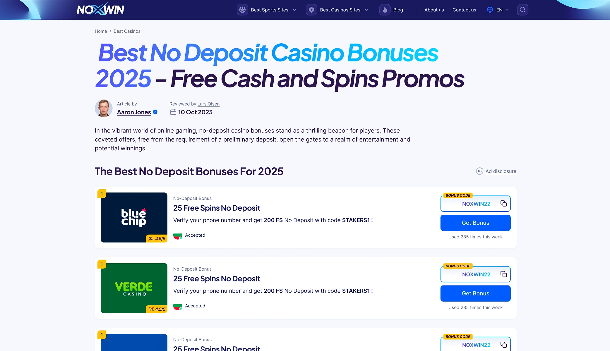Noxwin old no-deposit offer page screenshot showing hard-to-filter offers.